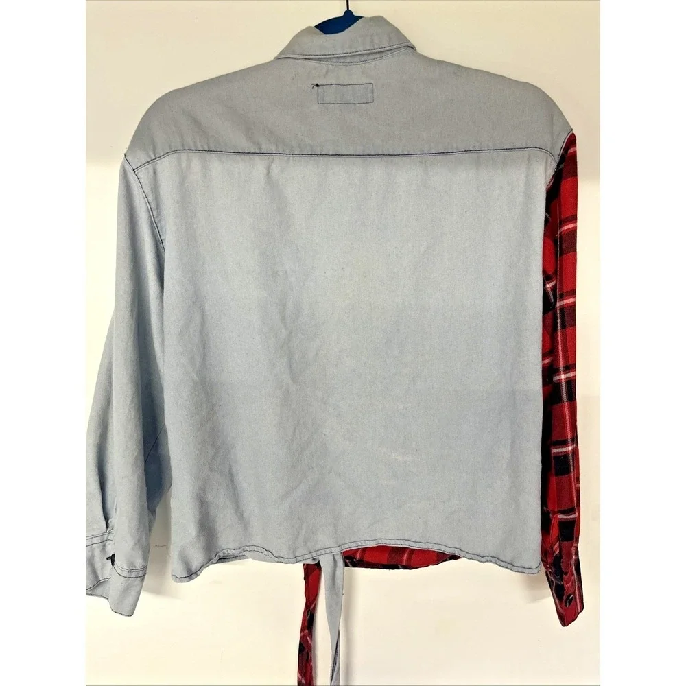 Half Plaid Half Denim Womens 100% Cotton XL Tie Front Grunge Festival Shacket